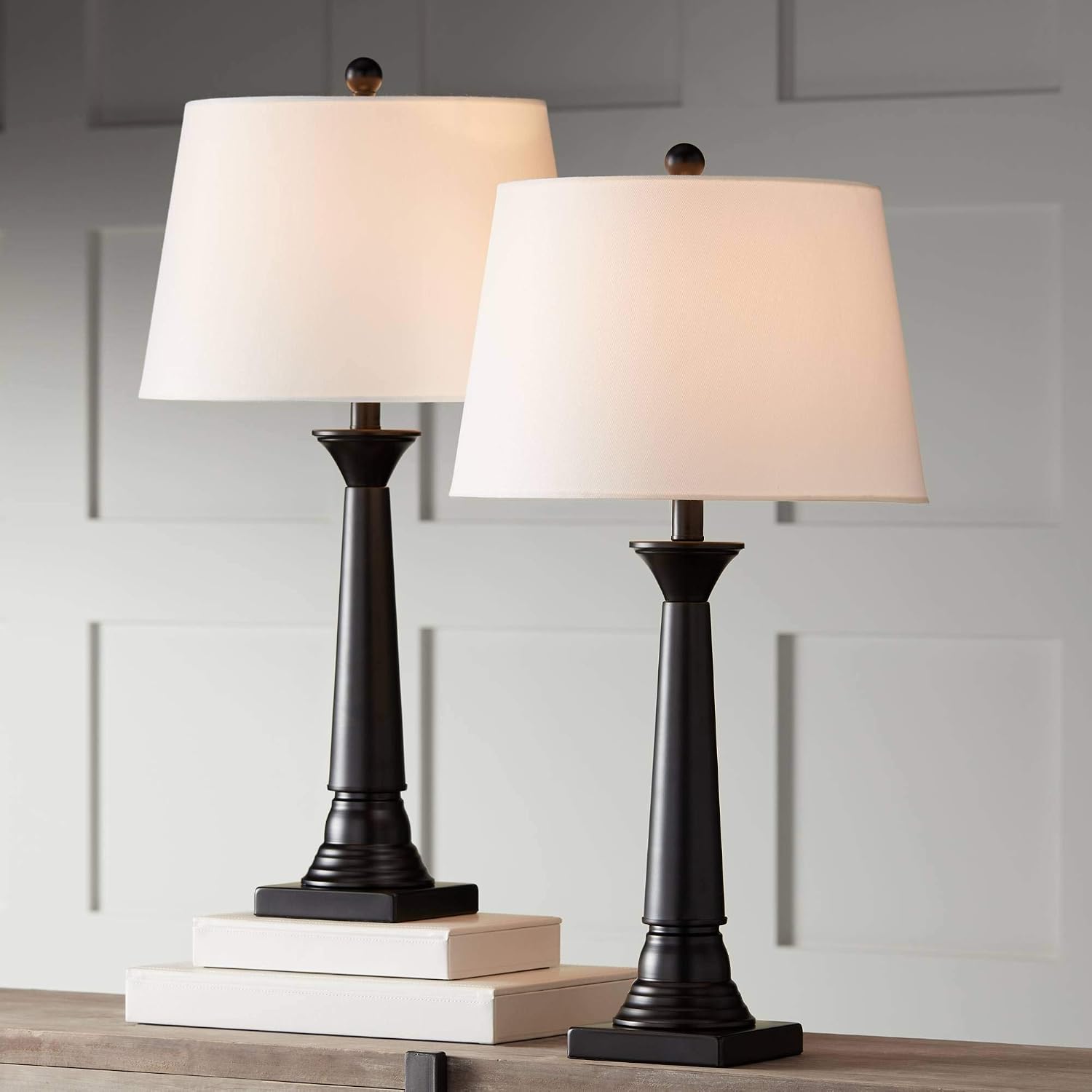 360 Lighting Dolbey Rustic Farmhouse Table Lamps 28' Tall Set of 2 Deep Bronze Tapered Column Off White Drum Shade Decor for Living Room Bedroom House Bedside Nightstand Home Office Entryway