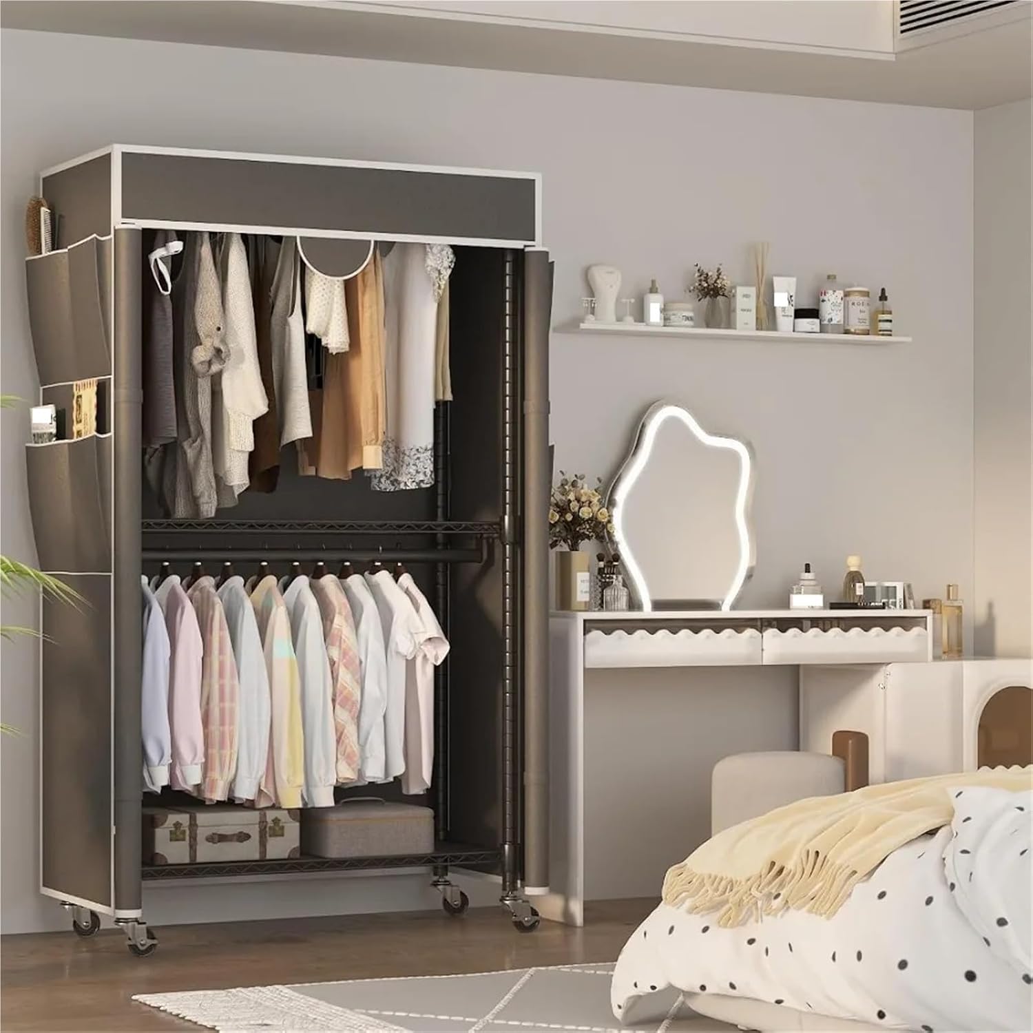 Portable Closet Rolling Garment Rack with Cover, Heavy Duty Clothing Rack for Hanging Clothes, Portable Closet Wardrobe with Adjustable Shelves(Black)