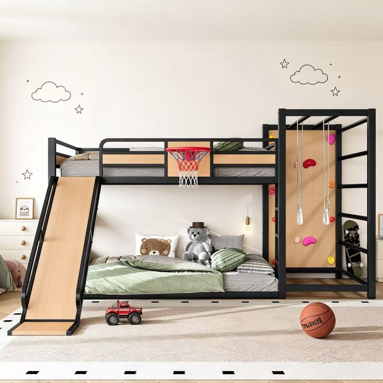 Metal Full Over Full Bunk Bed with Slide & Bookshelf, Heavy Duty Bunk Bed Frame with Basketball Hoop, Pull-Up Rings and Climbing Wall, Playhouse Bunk Beds for Boys and Girls, Yellow