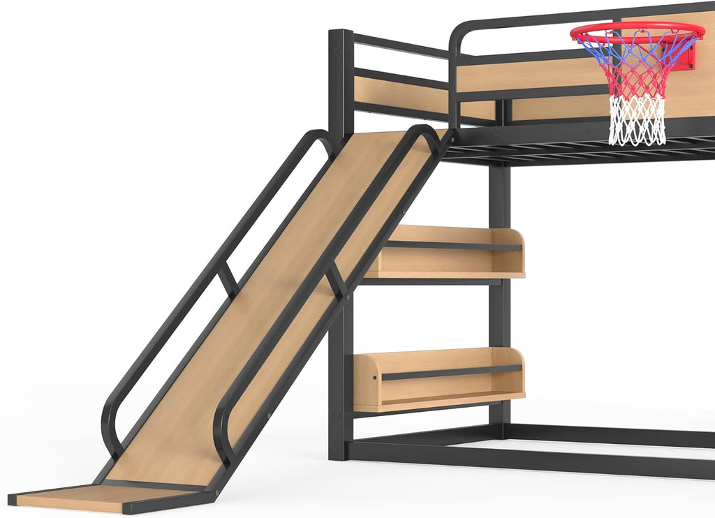 Bellemave Metal Twin Over Twin Bunk Bed Frame with Slide,Twin Size Floor Bunk Bed and Basketball Hoop,Pull-up Rings and Climbing Wall,Heavy Duty Bunk Beds with Bookshelves for Kids Girls Boys,Natural