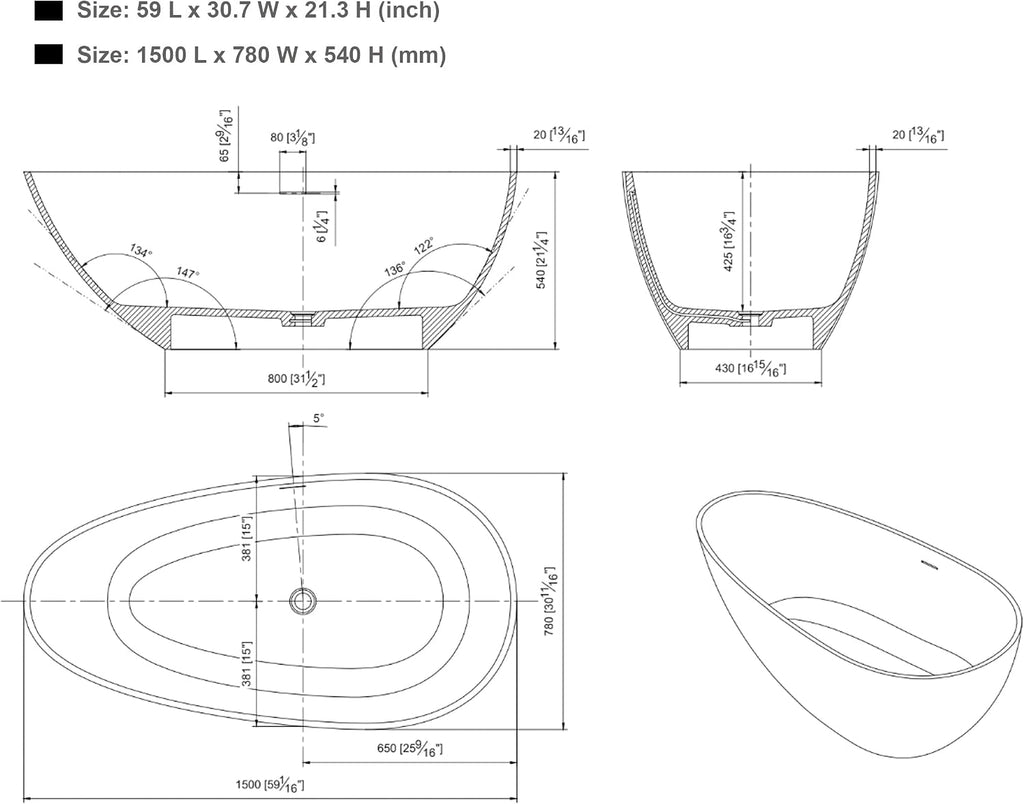 Vanity Art 59' x 31' Flatbottom Freestanding Solid Surface Resin Stone Bathtub | Contemporary Design Soaking Tub with Overflow and Pop-up Drain, UPC Certified, VA6913-GS