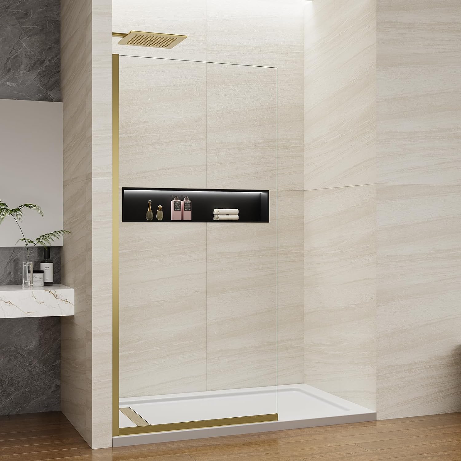 Shower Screen 36' x 76' Half Frameless Shower Wall Panel, Tempered Glass 3/8 inch, Easy to clean Coating, Fixed Glass Shower Door with Hardware (Brushed Gold)