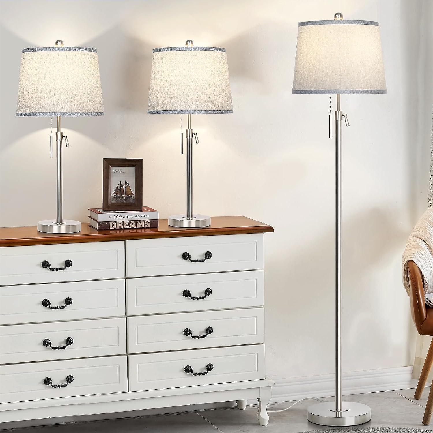 JUNNAI 3 Piece Lamp Sets for Living Room Floor and Table Lamps Set of 3 Adjustable Height Tall Standing Lamp 3 Color Temp Modern Silver Lamp for Bedroom Nightstand Bedside EndTable(LED Bulbs Included)