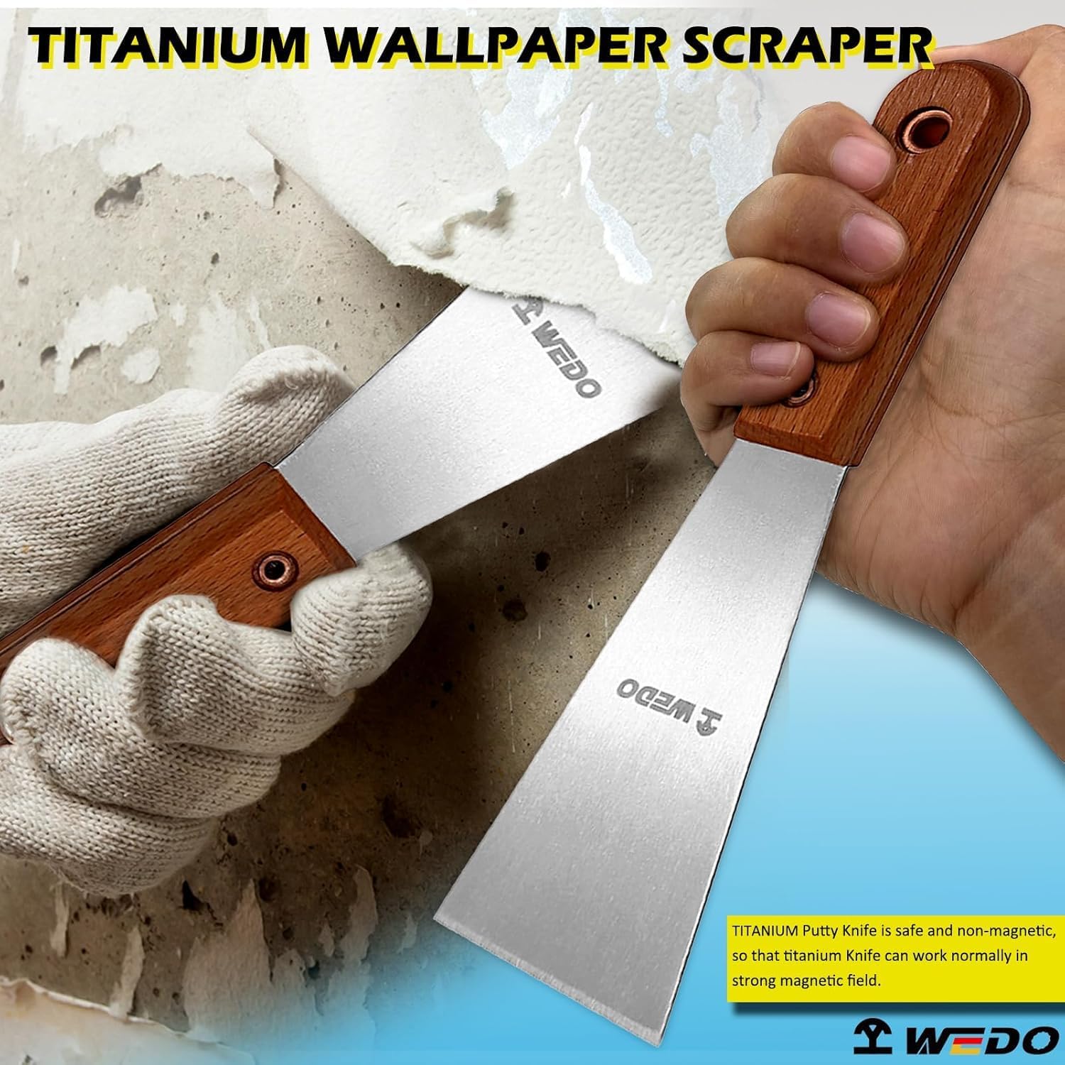 WEDO Titanium Putty Knife 2'(50mm), Long Wood Handle, Non-Magnetic Drywall/Spackle/Taping Knife, Length 8'(200mm), Paint & Wallpaper Scraper for Drywall Repair and Wallpaper Removal