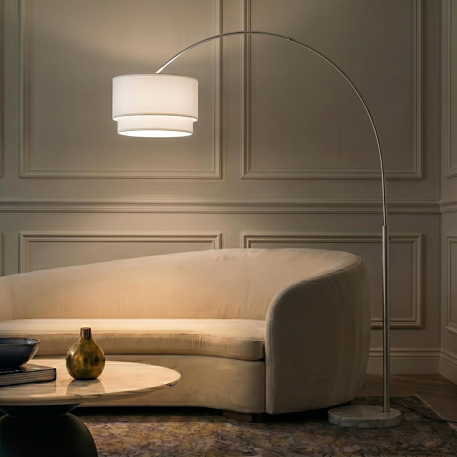Brightech Mason Arc Floor Lamp - Modern Corner Standing Lamp with Unique Hanging Drum Lamp Shade for Living Room - Bright Overhead, Curved Hanging Light for Bedroom. Library, Den - Nickel