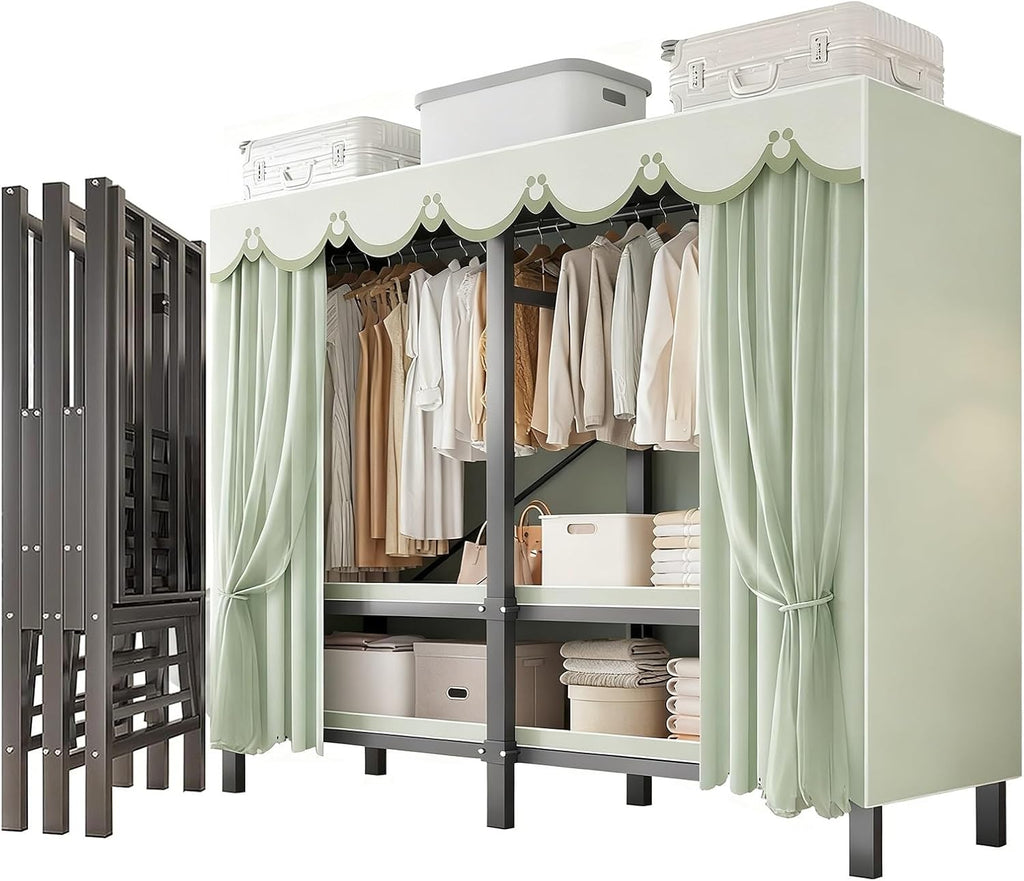 Heavy Duty Duty Clothing Rack with Cover, Foldable Portable Wardrobe Closets for Hanging Clothes, Metal Bedroom Armoire(L50*W20.5*H67.7IN)