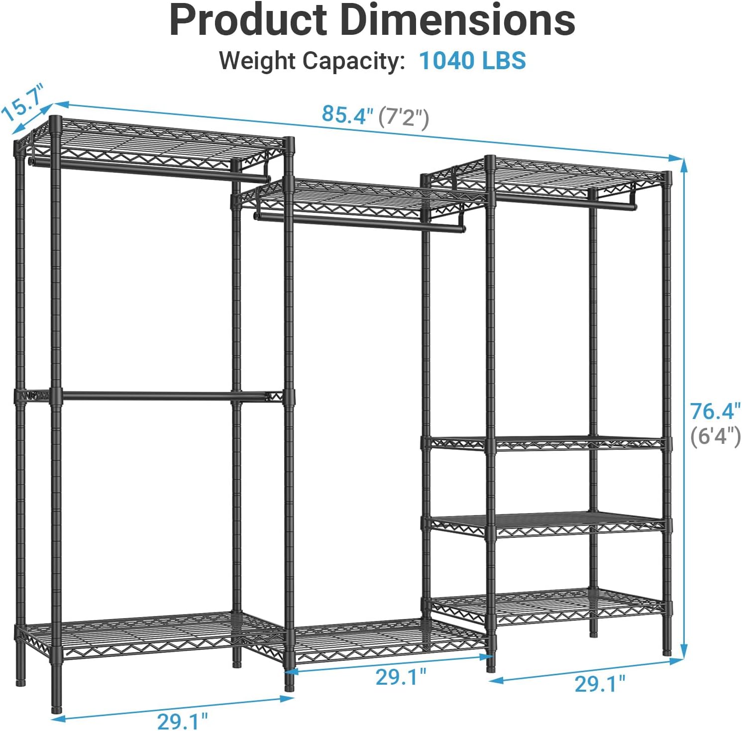 VIPEK V5 Plus Large Portable Closet Rack Freestanding Wardrobe Closet, Multi-Functional Clothes Rack Heavy Duty Metal Clothing Rack for Hanging Clothes, 85.4' L x 15.7' W x 76.4' H, Black