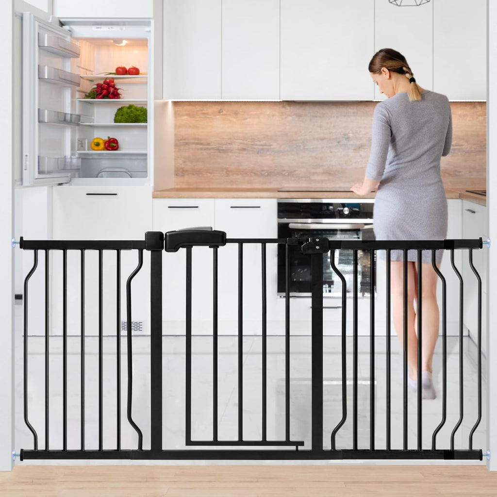 Extra Wide Baby Gate for Stairs Doorways with Door, 30' Tall 57.1-66.5' Wide Easy Install Dog Gate Indoor, Safety Metal Pressure Mounted Pet Gate with Walk-Thru Auto Close for the House, Black
