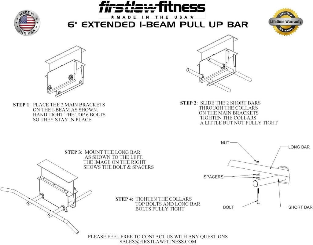 Firstlaw Fitness 600 LBS Limit - 6' Drop - I-Beam Pull Up Bar - Bent Bar - Rubber Grips
