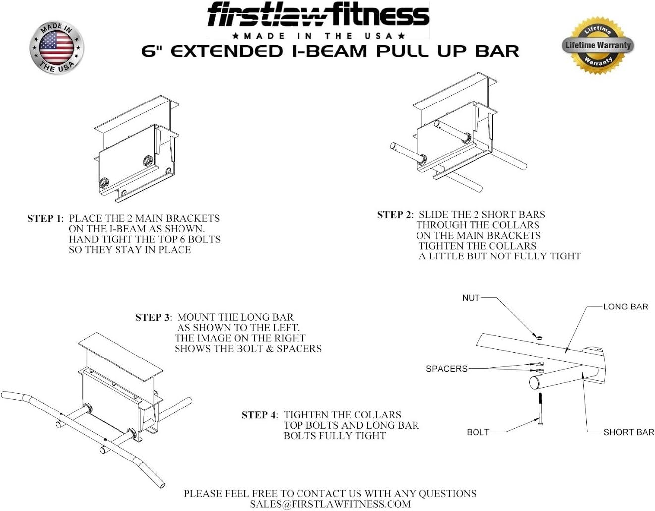 Firstlaw Fitness 600 LBS Limit - 6' Drop - I-Beam Pull Up Bar - Bent Bar - Rubber Grips