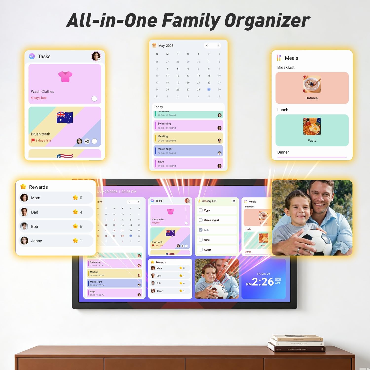 24' Digital Calendar Picture-Frame for-Wall-Planner - Interactive Display Electronic Calendar Picture Frame, Star Reward, Chore Chart, Sync Online iCloud Outlook Calendar, Wall Mount, Gift for Mom Dad