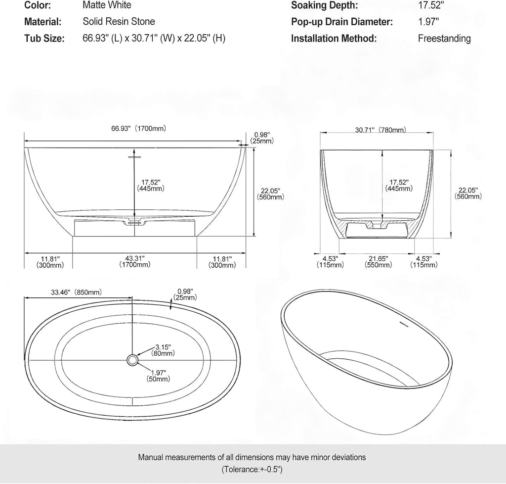 Stone Resin Freestanding Bathtubs,67'Solid Surface Matte White Oval Upgrade 25mm ultra-thick edges Luxury Stand Alone Bathroom Bath Soaking Tub with Pop up Drain & Integrated Slotted Overflow