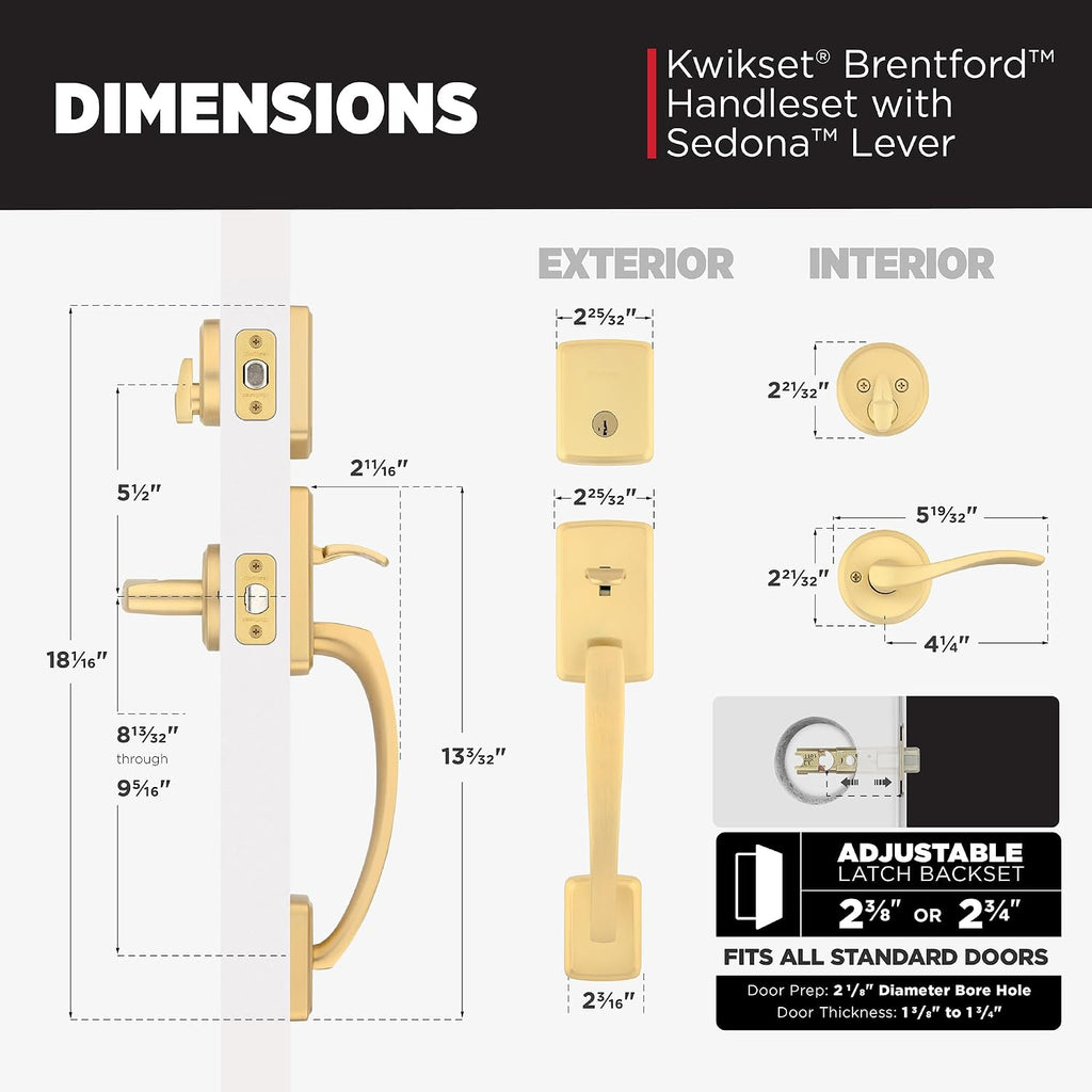 Kwikset Brentford Front Door Lock Handle and Deadbolt Set, Entry Handleset Exterior with Sedona Reversible Lever, Satin Brass, Pick Resistant SmartKey Rekey Deadbolt Security, with Microban Protection