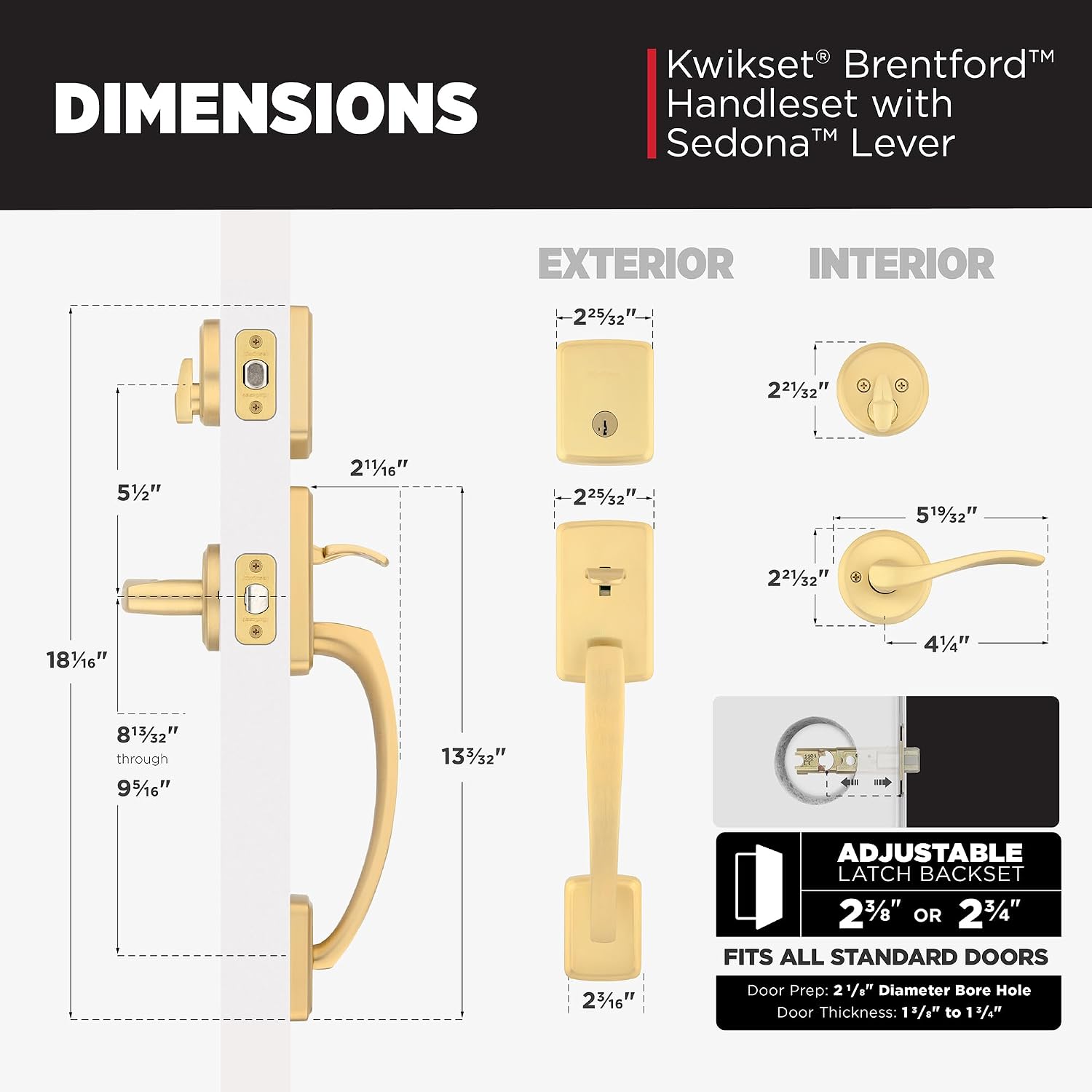 Kwikset Brentford Front Door Lock Handle and Deadbolt Set, Entry Handleset Exterior with Sedona Reversible Lever, Satin Brass, Pick Resistant SmartKey Rekey Deadbolt Security, with Microban Protection