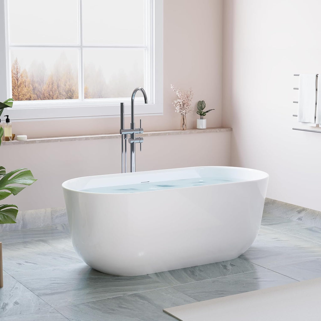 WELLFOR 60-Inch Freestanding Acrylic Bathtub with Chrome Bathtub Drain and Integrated Slotted Overflow, Freestanding Glossy White Soaking Bathtub, Acrylic Soaking Tub (Glossy White)
