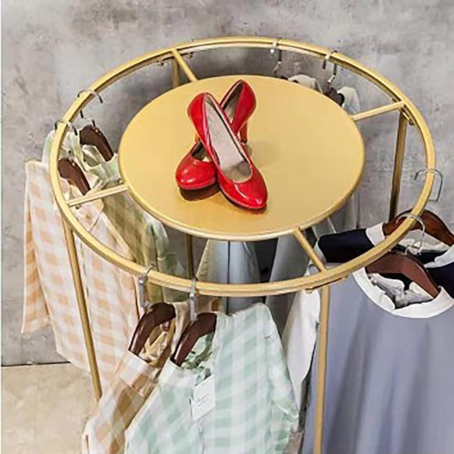 Freestanding Round Garment Rack,Retail Clothing Rack for Clothes Storage, Heavy-Duty Metal Cloth Display Rack Hanger with Topper(27.5' W x 51.5' H, Gold)