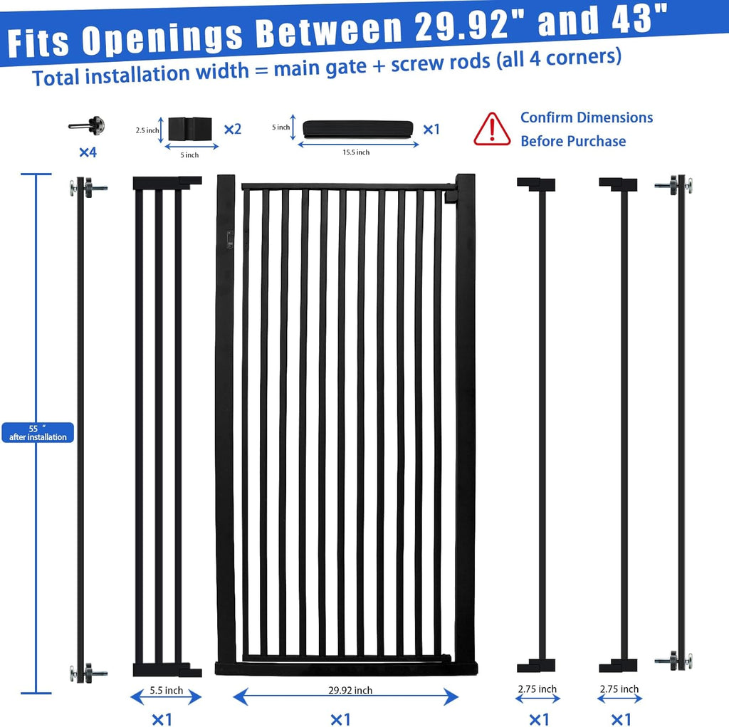 SHYUJAJIE 55 Inch Extra Tall Pet Gate for Cats,29.92'-43' Adjustable Wide Dog Gates,Pressure Mounted Walk Through Tall Pets Gate for Doorways,Hallway,Stairs(Black)