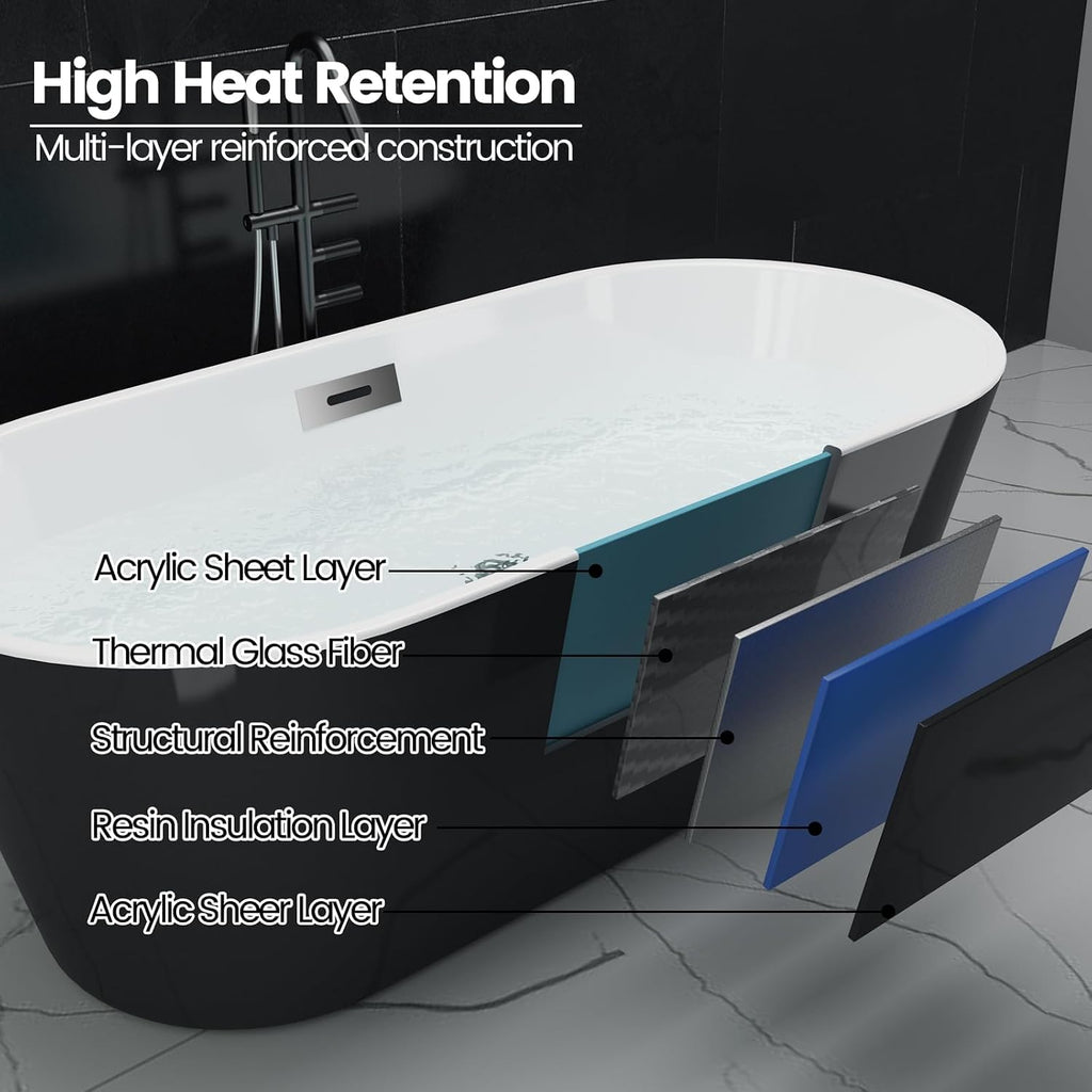 IDEALHOUSE 59' Acrylic Freestanding Bathtub Contemporary, Soaking Tub, CUPC Certified Stand Alone Tub with Non-Slip Base, Chrome Drain & Overflow, for Home Spa Relaxation(Black-Sky)