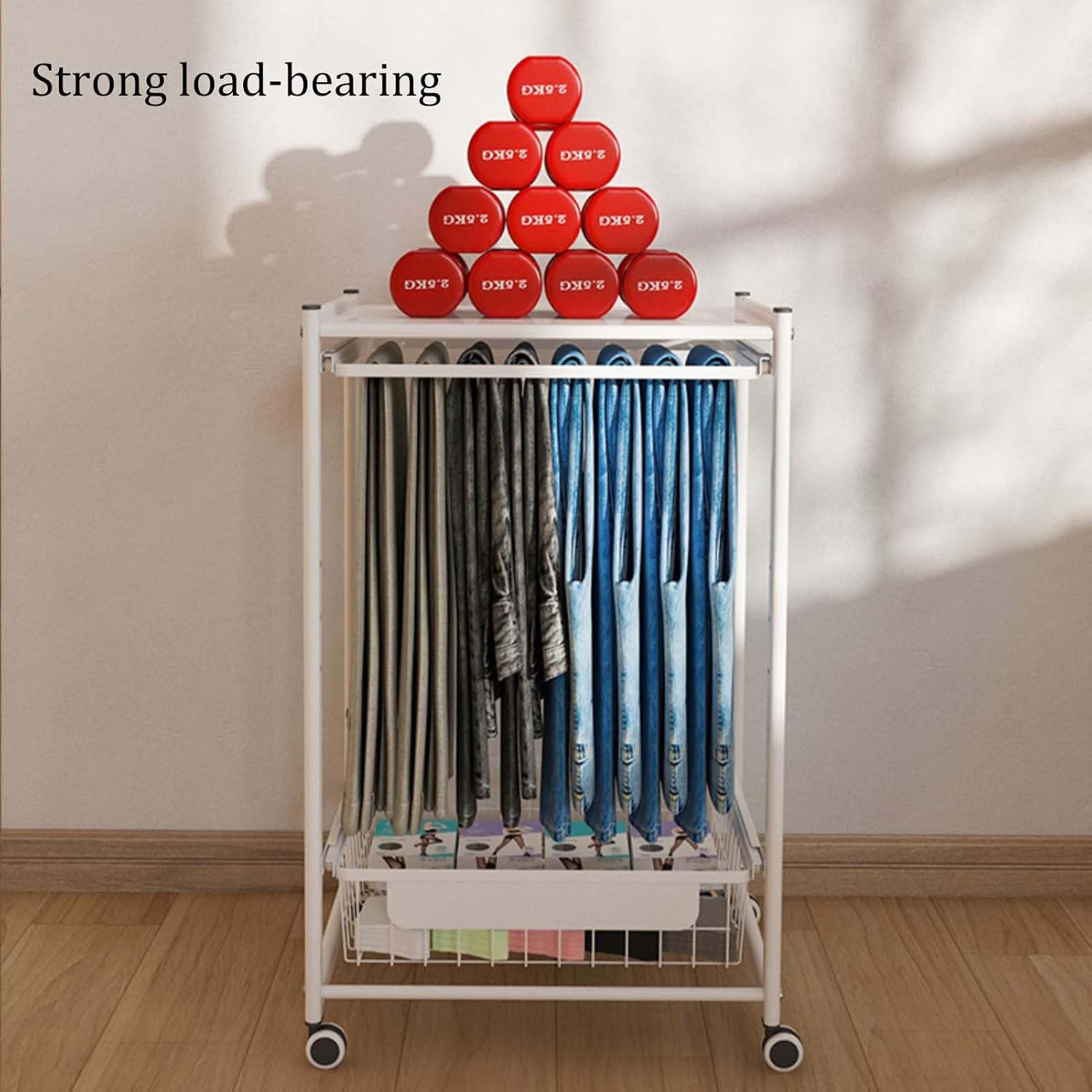 Display Stand Pants Hangers Rolling Trolley Trousers Rack, Jeans Hangers Metal Scarves Rack Clothing Closet Organizer Shelf, Multipurpose Blanket Rack (Beech Color-L46.5*W41.5*H73.7 CM -A