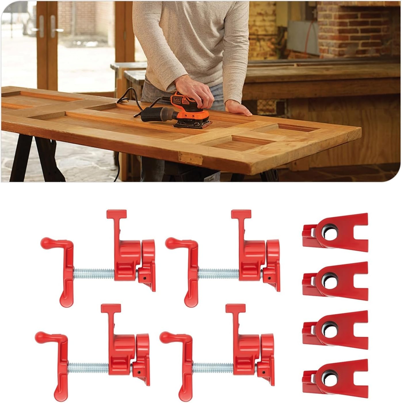 4 Pack 3/4' Wood Gluing Pipe Clamp Set Heavy Duty PRO Cast Iron Bar Clamps Kit With Wide Base For Woodworking