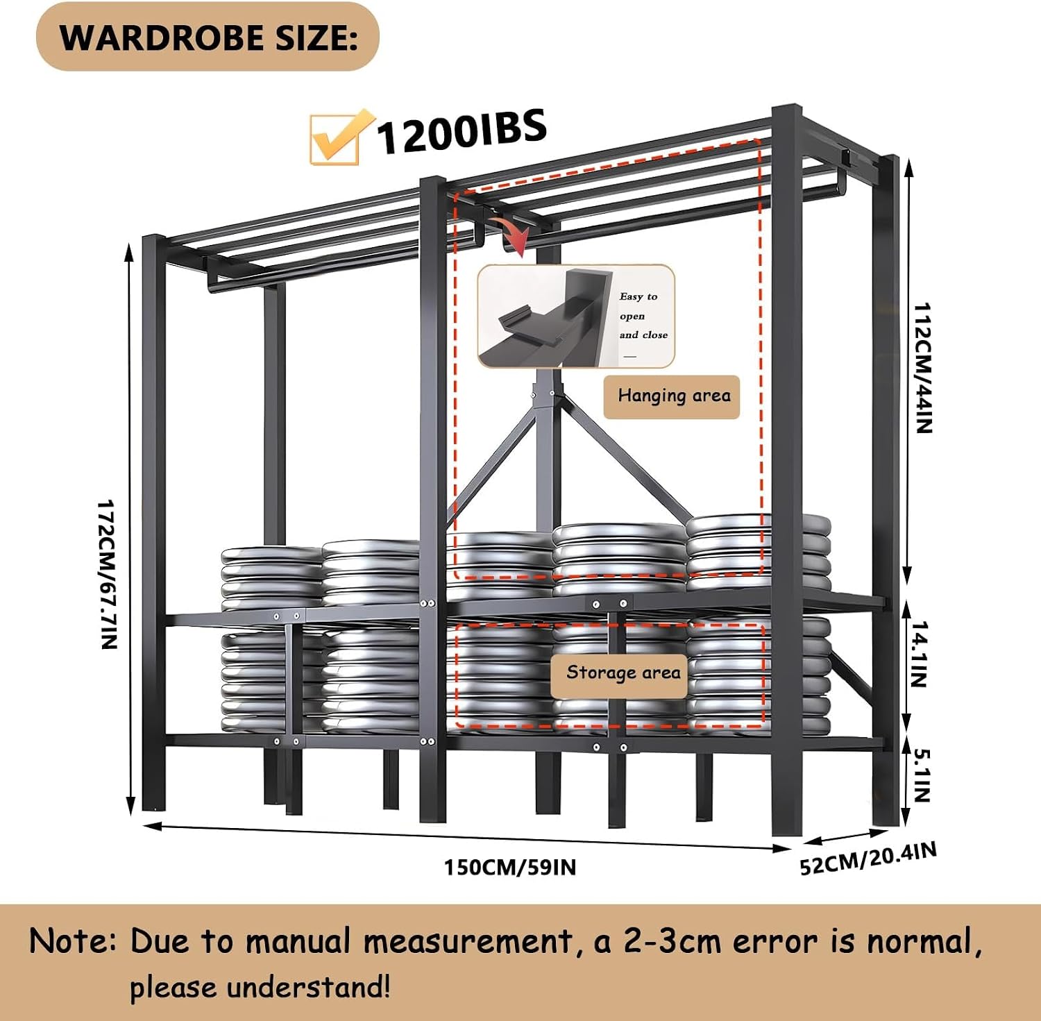 Heavy Duty Portable Wardrobe Closet Rack - Foldable Metal Clothe Rack With Cover, 2000lbs Large Capacity Fabric Wardrobe, Space-saving Wardrobe Clothing Organizer, For Hanging Clothes(150*52*172cm)