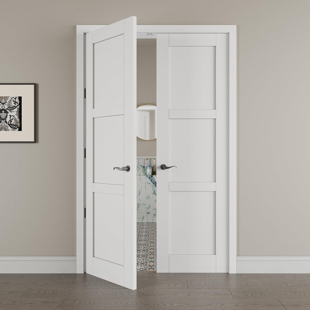 48' x 80' French Doors Interior (Double 24' x 80' 3-Lite Panel Door with Black Hinge Prehung Jamb Kit), Pre-Finished & Paintable, Prebuilt Home Door Panels & Assembly Required Jamb