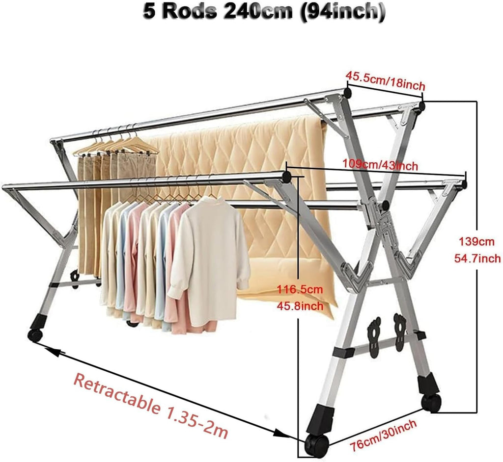 Collapsible Clothes Drying Racks Foldable, Garment Rack Heavy Duty with Wheels, Laundry Rack for Drying Clothes, 5 Rod Stainless Steel Laundry Stand, for Clothe,135-200cm