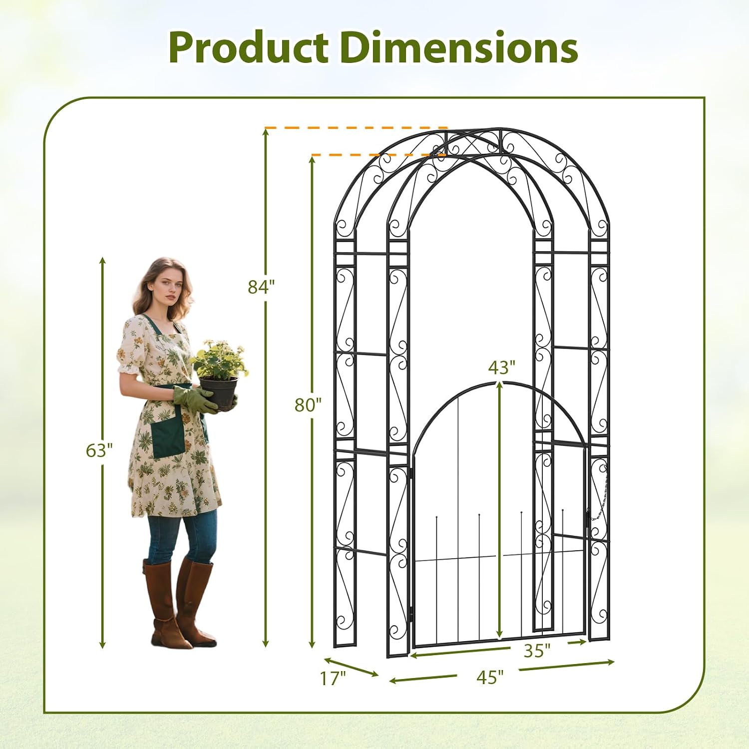 HAPPYGRILL 84' Garden Arbor with Gate & Climbing Trellises, Metal Garden Arch Archway for Outdoor Climbing Plant Rose Vine, Wedding Arch for Ceremony, Backyard Lawn Party Decor Patio Entrance