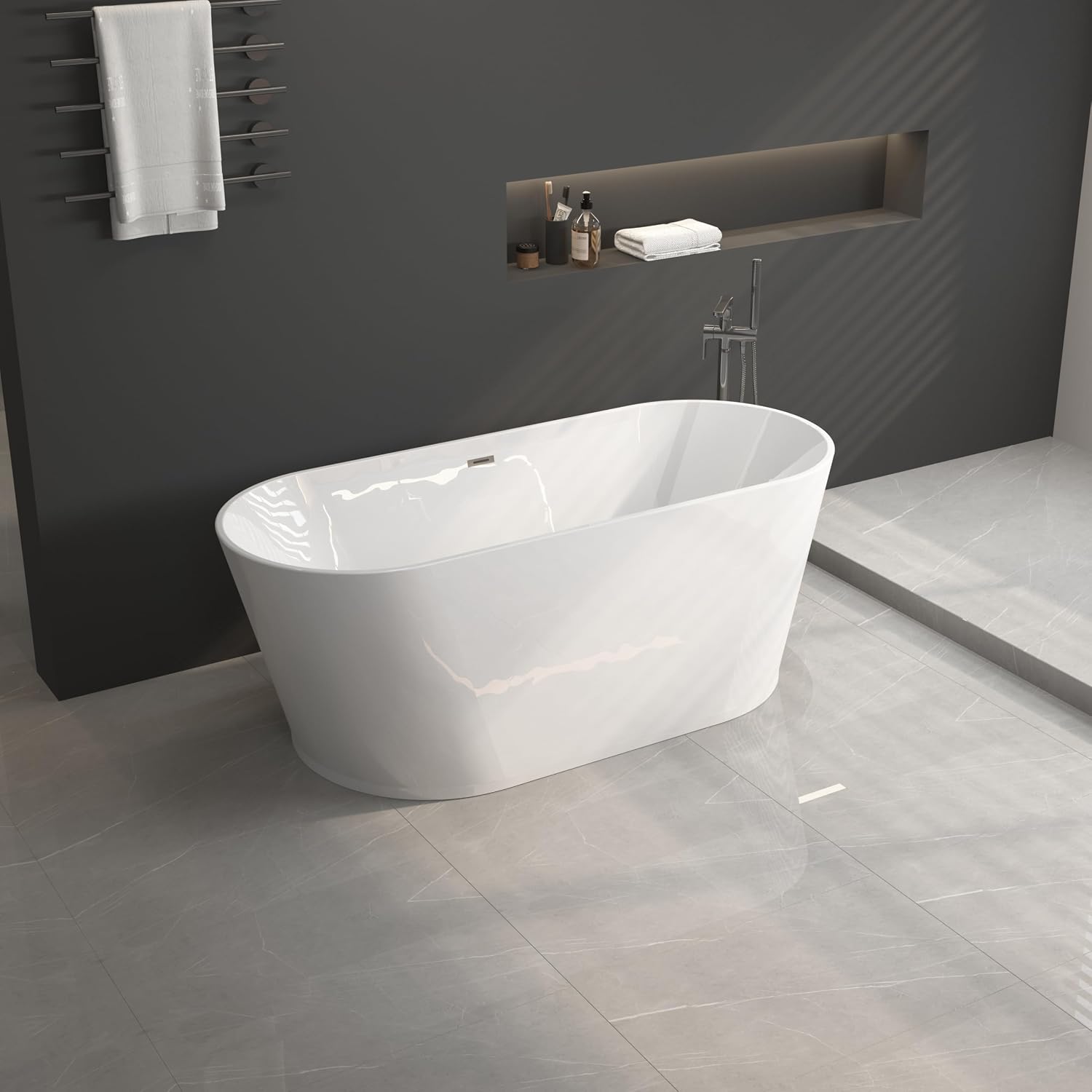 59' Acrylic Freestanding Bathtub-Acrylic Soaking Tubs, White Bathtub, Oval Shape Black Freestanding Bathtub with Chrome Overflow and Pop Up Drain