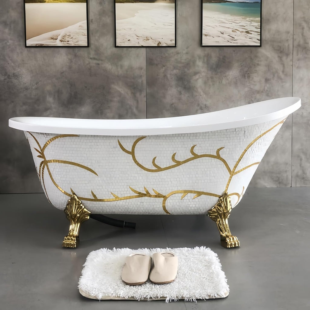 54' Edeyeu Freestanding Bathtub - Solid Surface Soaking Tub With Gold Clawfoot Elegance, Designer Free Standing Bathtub for Luxury Spa Bathroom, Extra Deep Soaker, A
