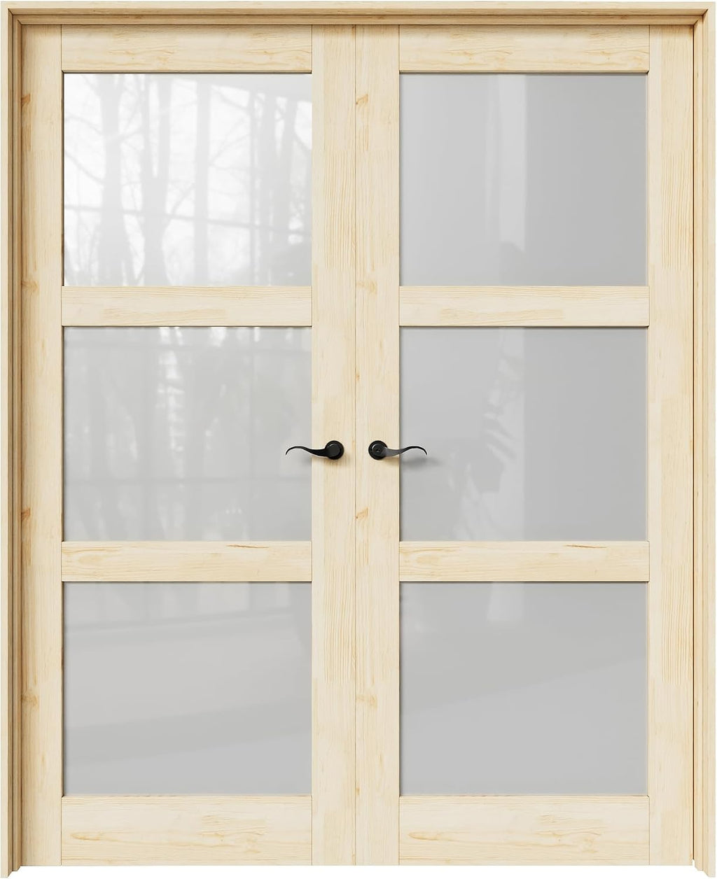60' x 80' French Doors Interior (Double 30' x 80' 3-Lite Frosted Glass Pine Wood Door with Black Hinge Prehung Jamb Kit), Unifinished Natural Wood, Prebuilt Home Door Panels & Assembly Required Jamb