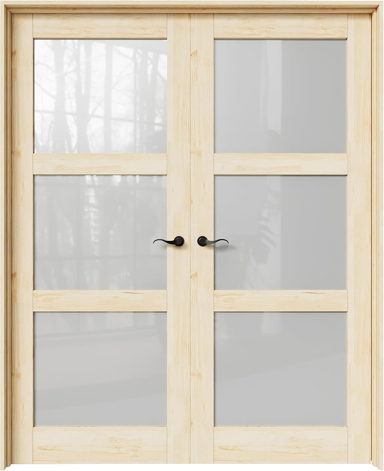 60' x 80' French Doors Interior (Double 30' x 80' 3-Lite Frosted Glass Pine Wood Door with Black Hinge Prehung Jamb Kit), Unifinished Natural Wood, Prebuilt Home Door Panels & Assembly Required Jamb