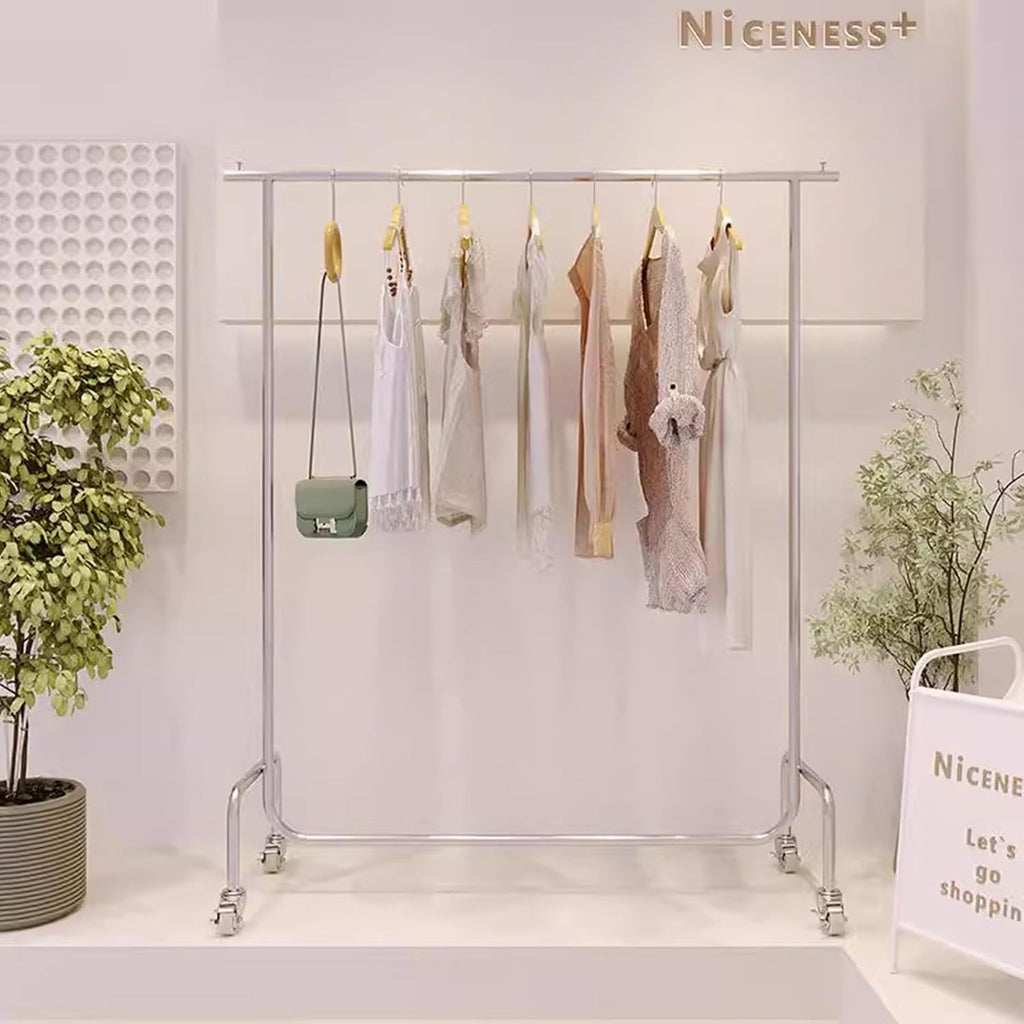 Garment Rack Heavy Duty Clothing Rack With E-shaped Base, Silver Stainless Steel Clothes Rail For Hanging Clothes, Commercial Retail Display Rack, Single Rod Coat Rack For Bedrooms(Size:150x40x160CM)