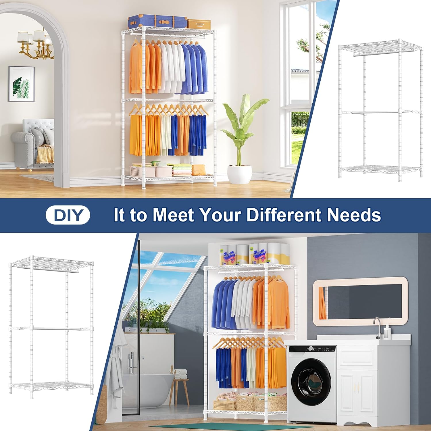 Ulif E12 E12C (With White Dustproof Cover) Heavy Duty Closet Organizer System，Freestanding Clothing Racks for Hanging Clothes，Adjustable Garment Rack