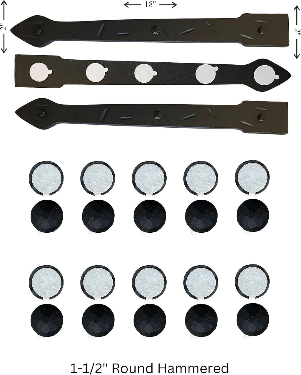 The Rustic Express - Dome Top Round, Self-Adhesive Clavo & Strap Kit - Decorative Clavos for Fiberglass, Wood, Metal Doors & Garage Doors - 3 Straps (18'), 20 Clavos (1-1/2') - Black