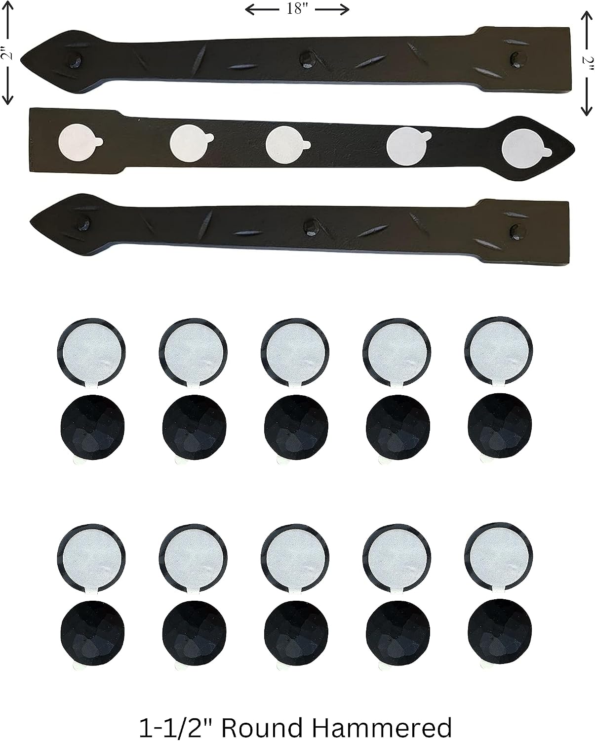 The Rustic Express - Dome Top Round, Self-Adhesive Clavo & Strap Kit - Decorative Clavos for Fiberglass, Wood, Metal Doors & Garage Doors - 3 Straps (18'), 20 Clavos (1-1/2') - Black