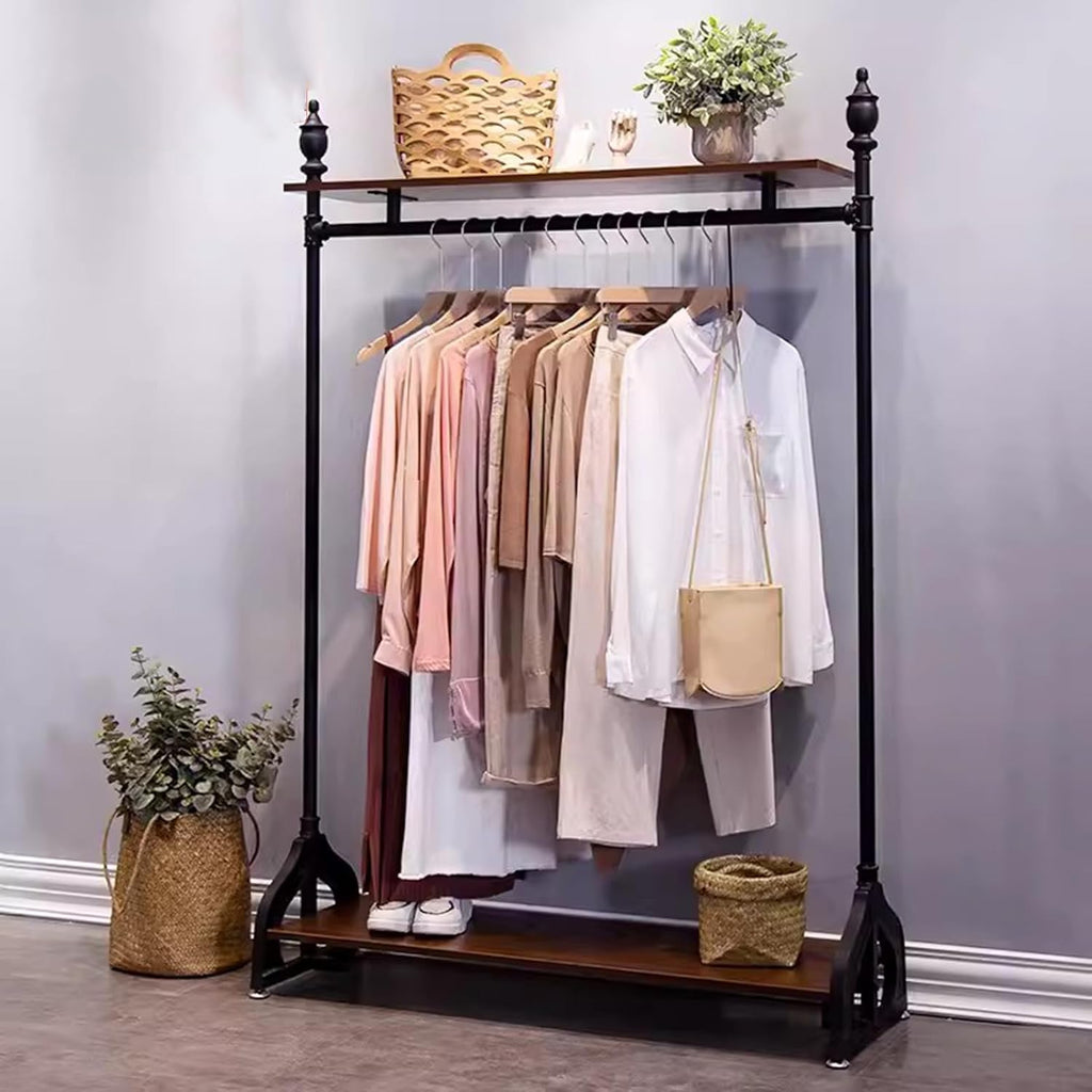 Garment Rack Heavy Duty Clothing Rack with 2 Tier Wooden Shelves, Black Metal Clothes Rack for Bedroom and Clothing Store, Adjustable Height Hanging Rod, Easy to Assemble Coat Rack