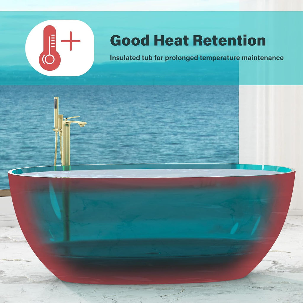CASAINC 59' Soaking Tub Transparent Resin Freestanding Bathtub Modern Oval Design Stand Alone Tub with Pop-up Drain, 66.56 Gallons Water Storage Capacity 415 MM Soaking Depth, Transparent Sea Blue