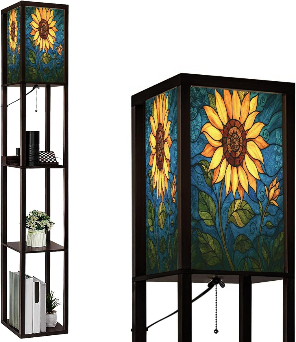 Floor Lamp with Shelves Sunflower Stained Glass for Windows Home Decor Standing Tall Lamp USB Ports & Power Outlet Modern Corner Lamp Nightstand Light for Living Room Bedroom