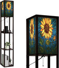 Floor Lamp with Shelves Sunflower Stained Glass for Windows Home Decor Standing Tall Lamp USB Ports & Power Outlet Modern Corner Lamp Nightstand Light for Living Room Bedroom