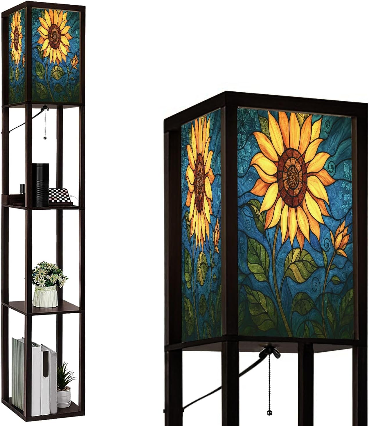 Floor Lamp with Shelves Sunflower Stained Glass for Windows Home Decor Standing Tall Lamp USB Ports & Power Outlet Modern Corner Lamp Nightstand Light for Living Room Bedroom