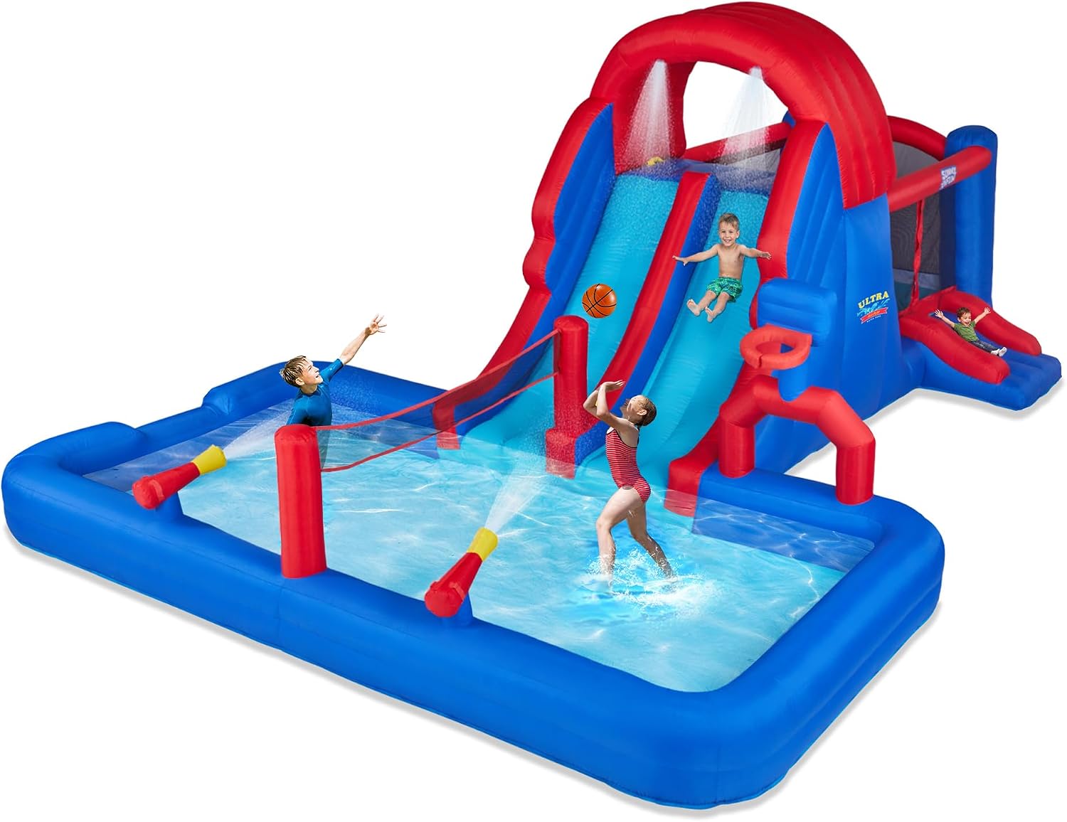 Sunny & Fun Ultra All-Play Inflatable Water Slide Park – Heavy-Duty for Outdoor Fun - Climbing Wall, Slides, Bounce House, Volley Net, Hoop, Deep Pool – Inflate w/Included Air Pump & Carrying Case