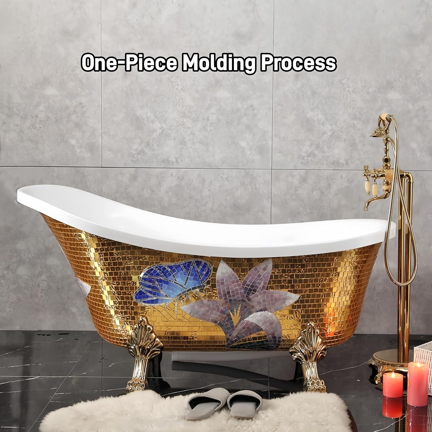 63' Edeyeu Freestanding Bathtub - Solid Surface Soaking Tub With Clawfoot Design, Luxury Free Standing Bathtub for Spa Bathroom, Extra Deep Soaker for Villa & Hotel, E