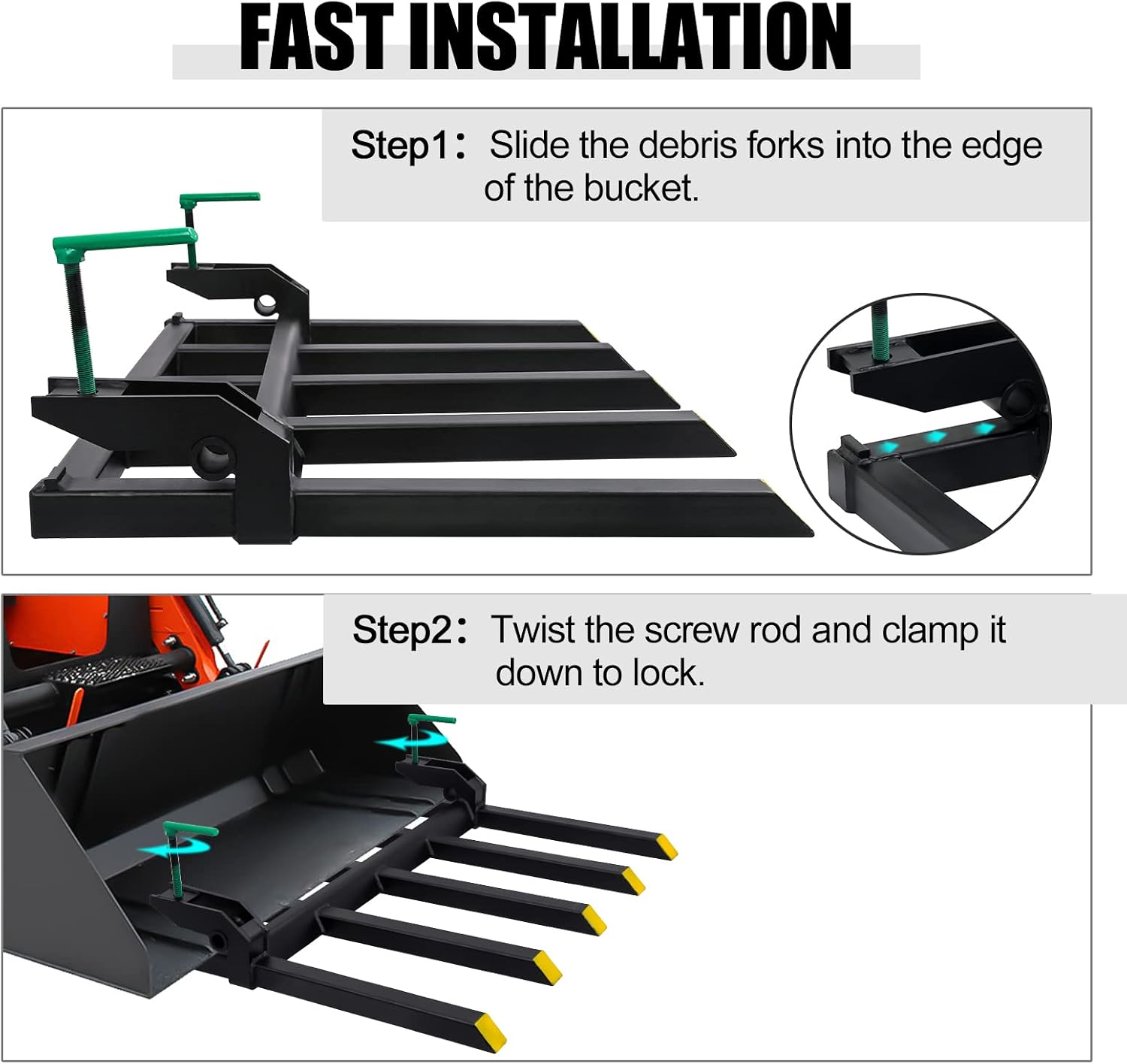 Debris Forks to 48' Bucket, Heavy Duty Clamp-On Pallet Fork 2500 lbs Capacity Load, Tractor Forks Attachment Fit for Loader Bucket Skidsteer Tractor