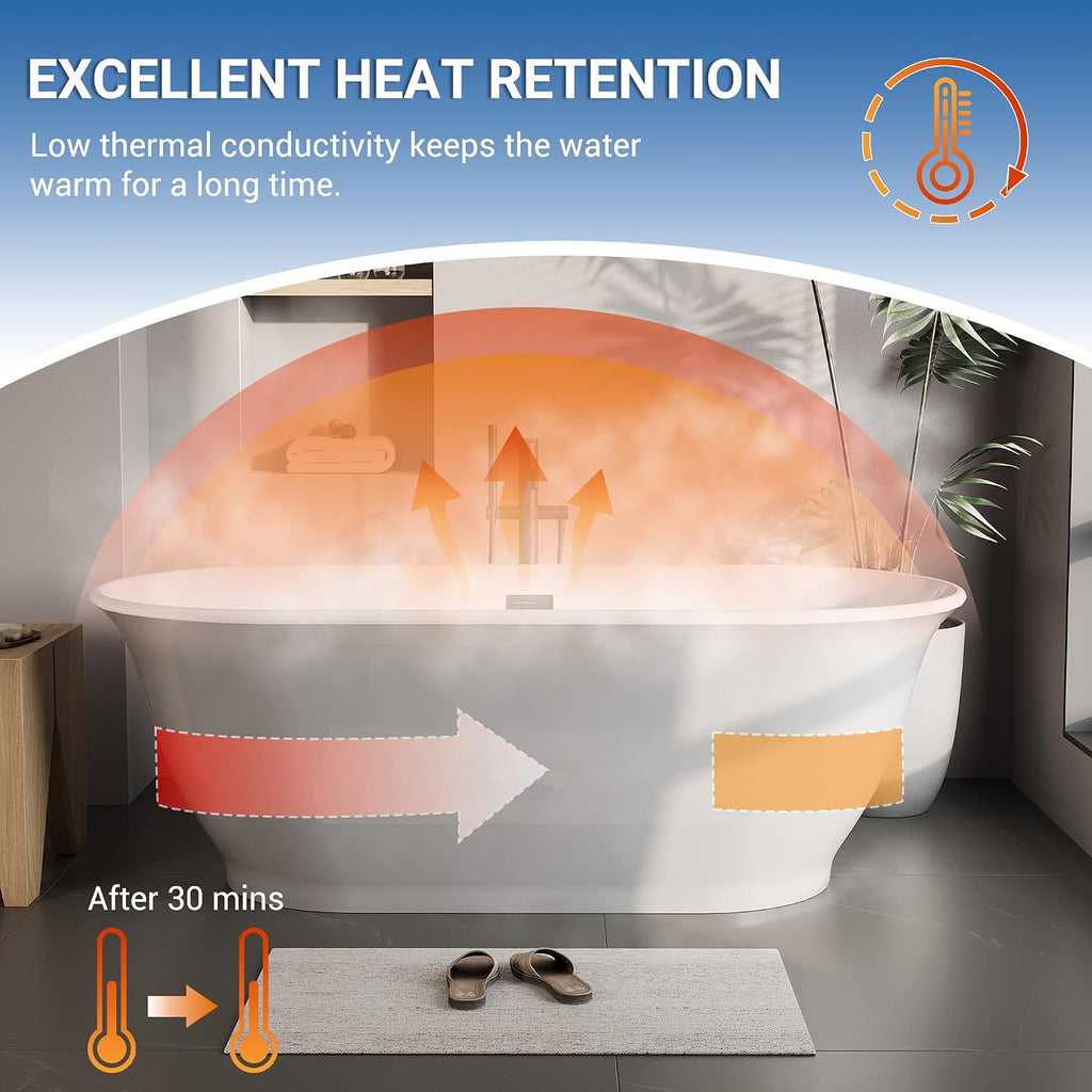 Freestanding Bath Tub 59 Inch Acrylic Oval Soaking Tub – Extra Large Freestanding Bathtub for Home Bathroom, Stand Alone Tub with Integrated Overflow, Modern Soaking Tub for Adults, White Finish