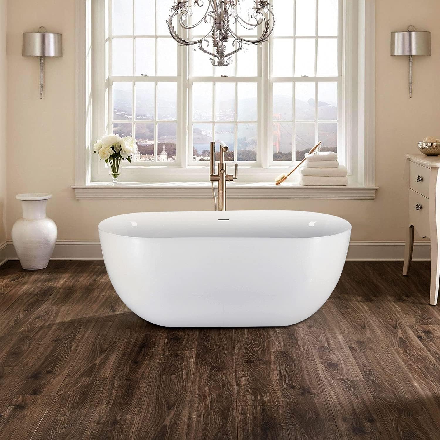 67' 100% Acrylic Freestanding Bathtub??Contemporary Soaking Tub??White Inside and Gray Outside