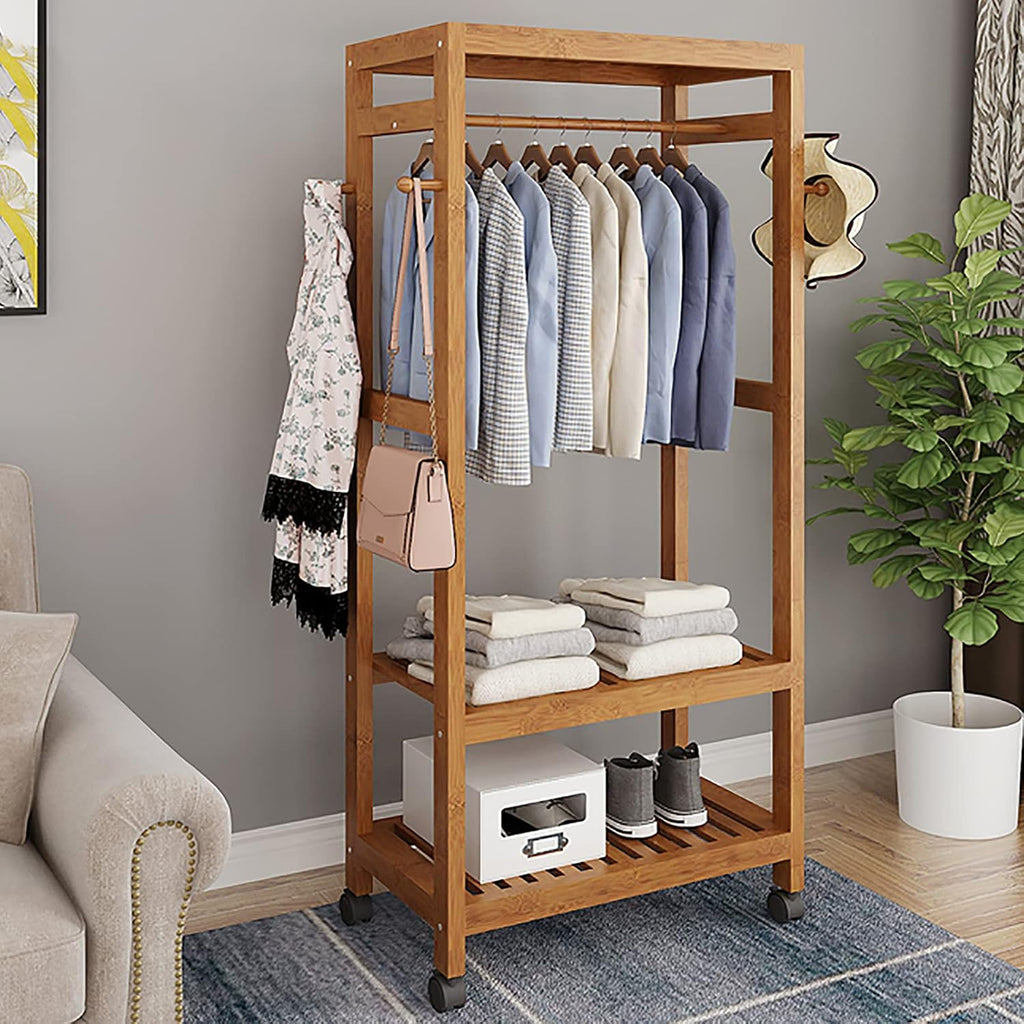 Bamboo Clothes Rack,2-Tier Storage Shelves Clothes Hanging Rack, with Wheels 4 Hooks,for Shirts Bags Scarves Pants Shoes Storage Boxes