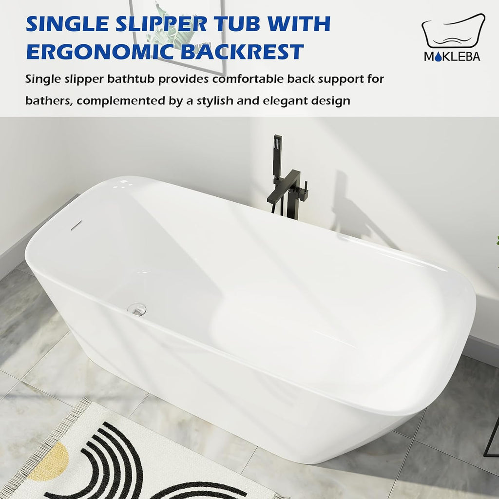 59' Acrylic Freestanding Bathtub, Single Slipper Free Standing Tub, Soaking Tub with Integrated Slotted Overflow, Toe-Tap Chrome Drain, cUPC Certified, Glossy White