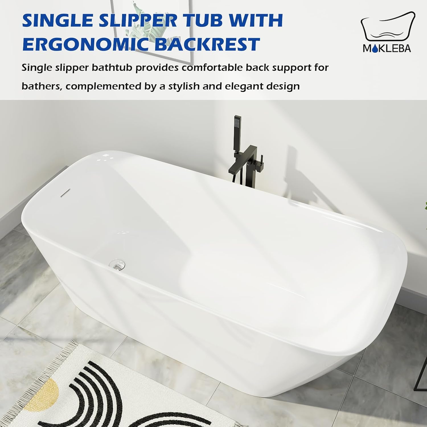 59' Acrylic Freestanding Bathtub, Single Slipper Free Standing Tub, Soaking Tub with Integrated Slotted Overflow, Toe-Tap Chrome Drain, cUPC Certified, Glossy White