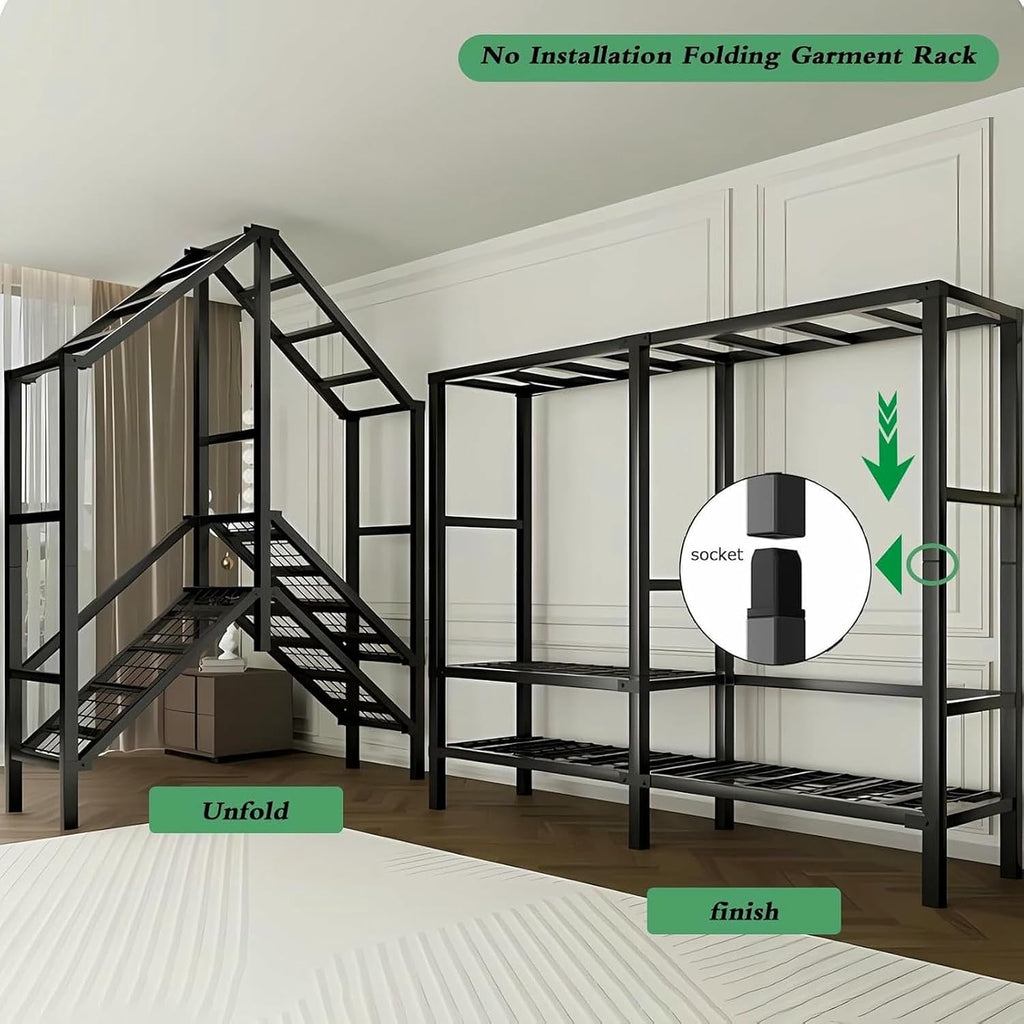 Large Foldable Clothing Rack With Cover Heavy Duty Metal Clothes Racks On Wheels Loads 2000LBS Covered Wardrobe Closet For Hanging Clothes